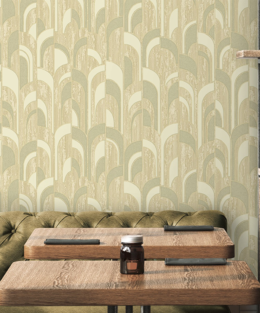 Beige Arched Oasis Abstract Wallpaper.