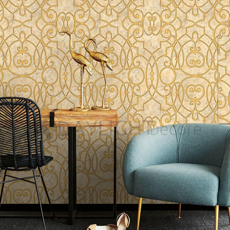Modern Damask Design Beige Golden Wallpaper Roll for Wall Covering Living Room, Bedroom Wall 55 Sq.ft_Tejas TJ6006. Tejas Collection Wallpaper store