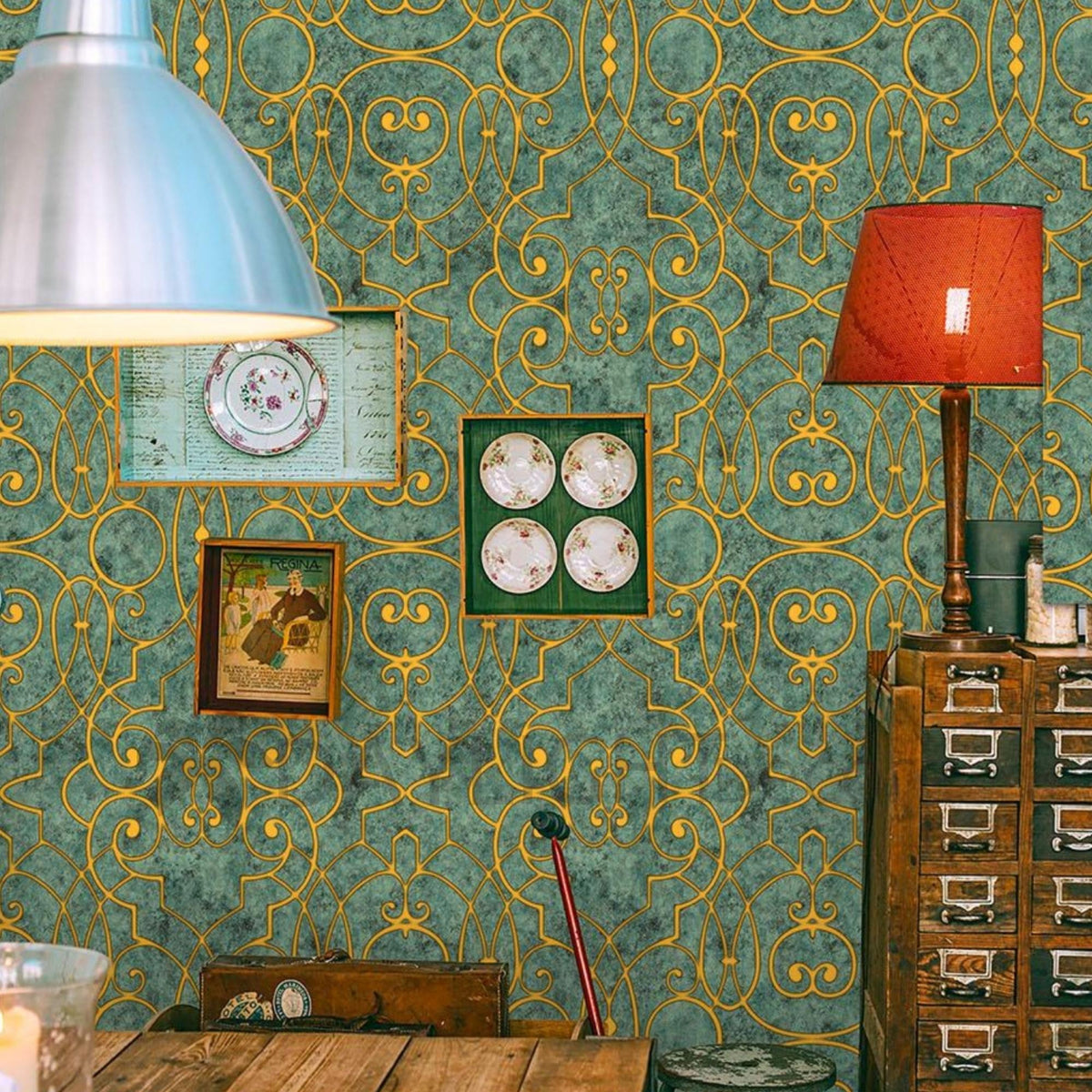 Green & Golden Damask Design Wallpaper Roll for Wall Covering Living Room, Bedroom Wall Tejas