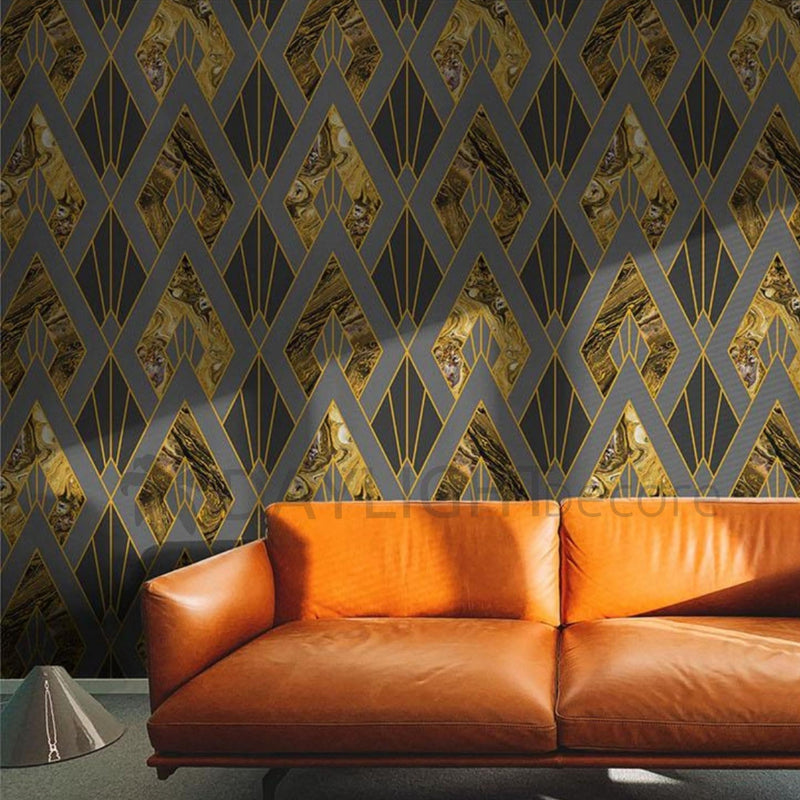 Gray & Golden Geometric Design Wallpaper Roll for Wall Covering Living Room, Bedroom Wall Tejas