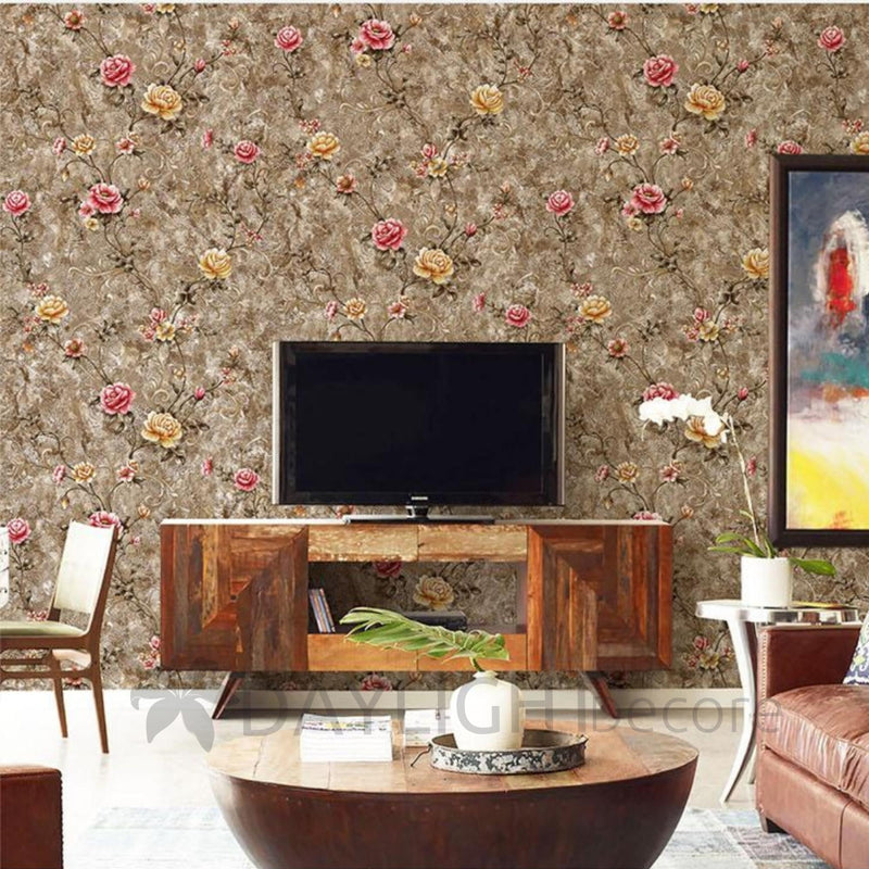 Floral Design Dark Beige Pink Colour Wallpaper Roll for Wall Covering Living Room, Bedroom Wall Tejas