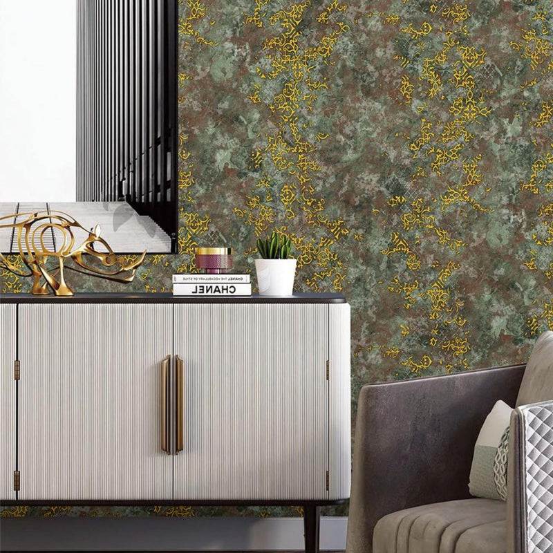 Green Golden Textured Wallpaper Roll for Wall Covering Living Room, Bedroom Wall Tejas