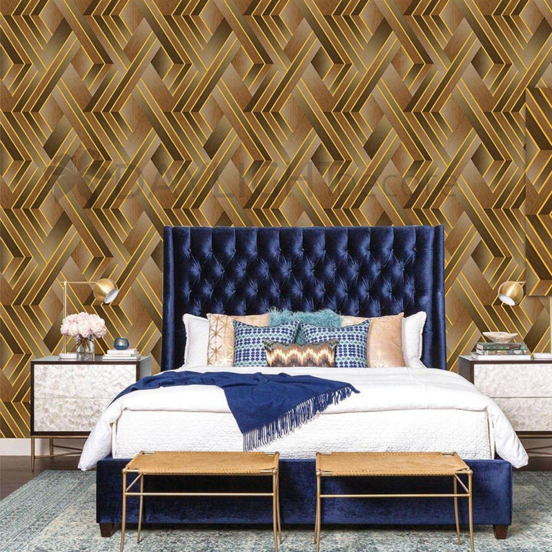 Geometric Golden Stripe Mix Golden Color Wallpaper Roll for Wall Covering Living Room, Bedroom Wall Tejas