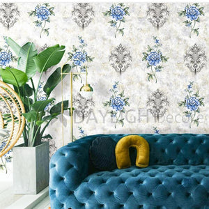 Floral Damask Mix Silver Wallpaper Roll for Wall Covering Living Room, Bedroom Wall Tejas