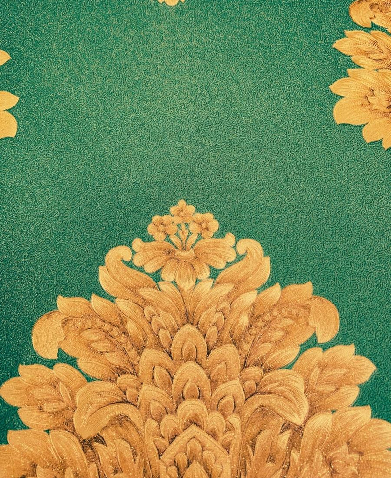 Excel Golden Damask Design Green Background Wallpaper Roll for Covering Living Room, Bedroom Walls 57 Sqft