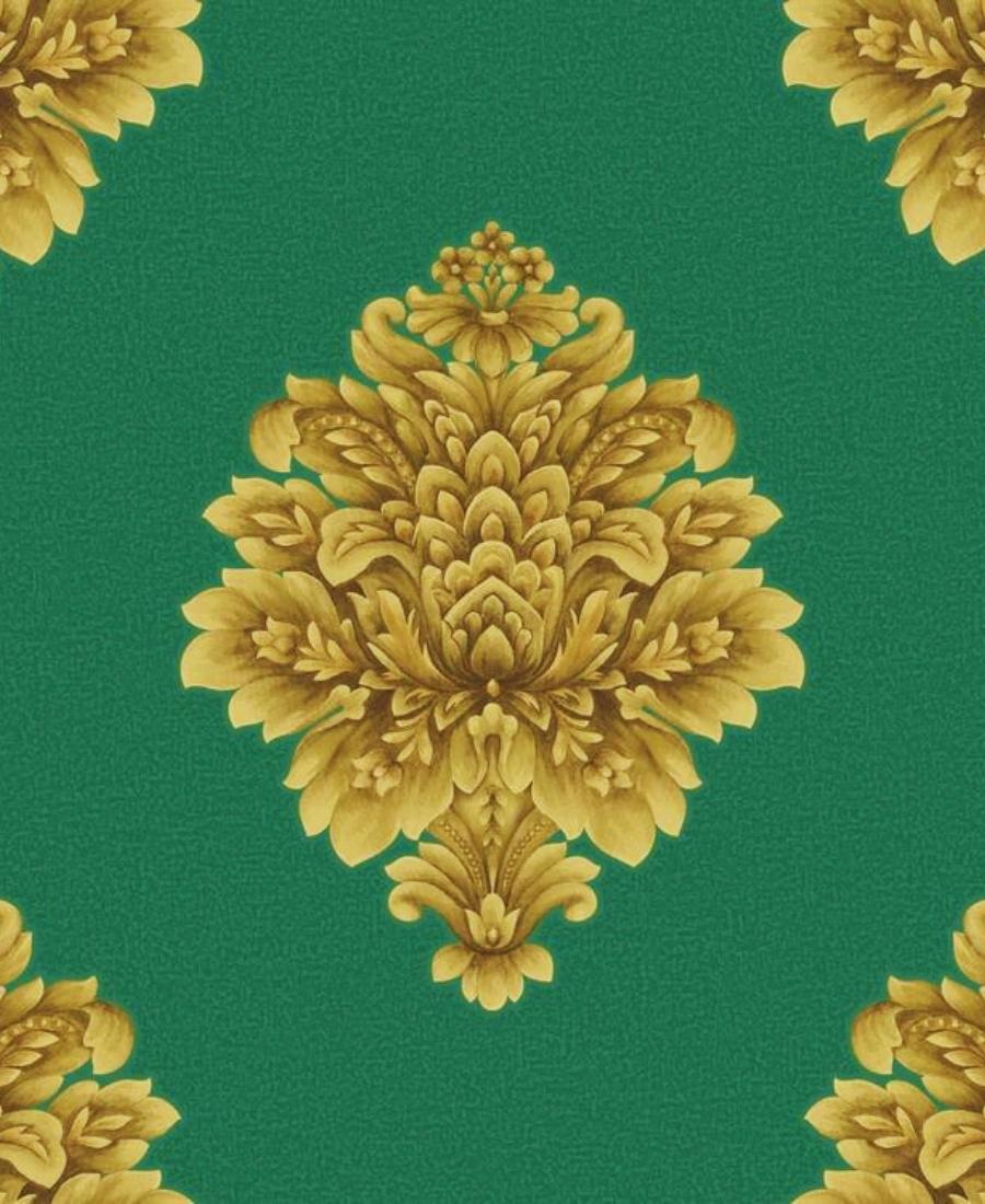 Excel Golden Damask Design Green Background Wallpaper Roll for Covering Living Room, Bedroom Walls 57 Sqft