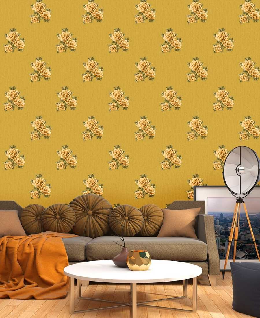 Floral Beige Yellow Embossed Wallpaper