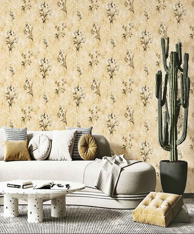 Beautiful Floral Beige Texture Golden Foil Lison Wallpaper Decor