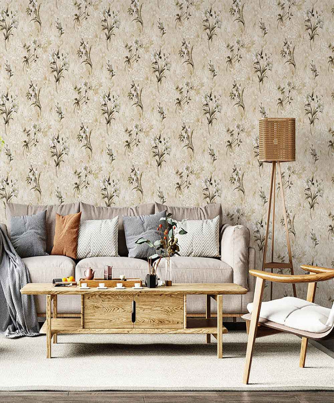 Beautiful Floral Gray Texture Golden Foil Lison Wallpaper Decor