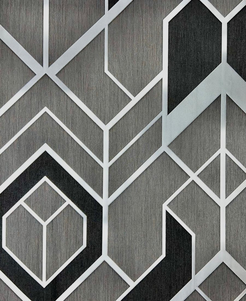 Dark Gray Silver Stripe Geometric Design Wallpaper FE3084