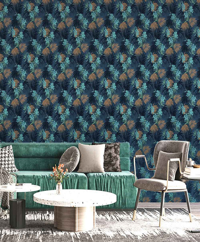 Floral Blue Golden Premium Lisbon Wallpaper Roll for Wall Interior