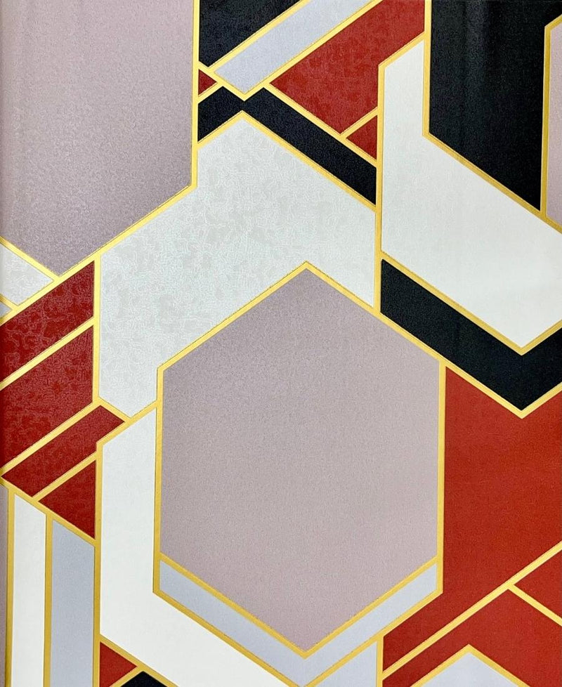 Red Mix Colour Golden Stripe Hexagon Design Wallpaper for Walls use for Cafe Area FE3115
