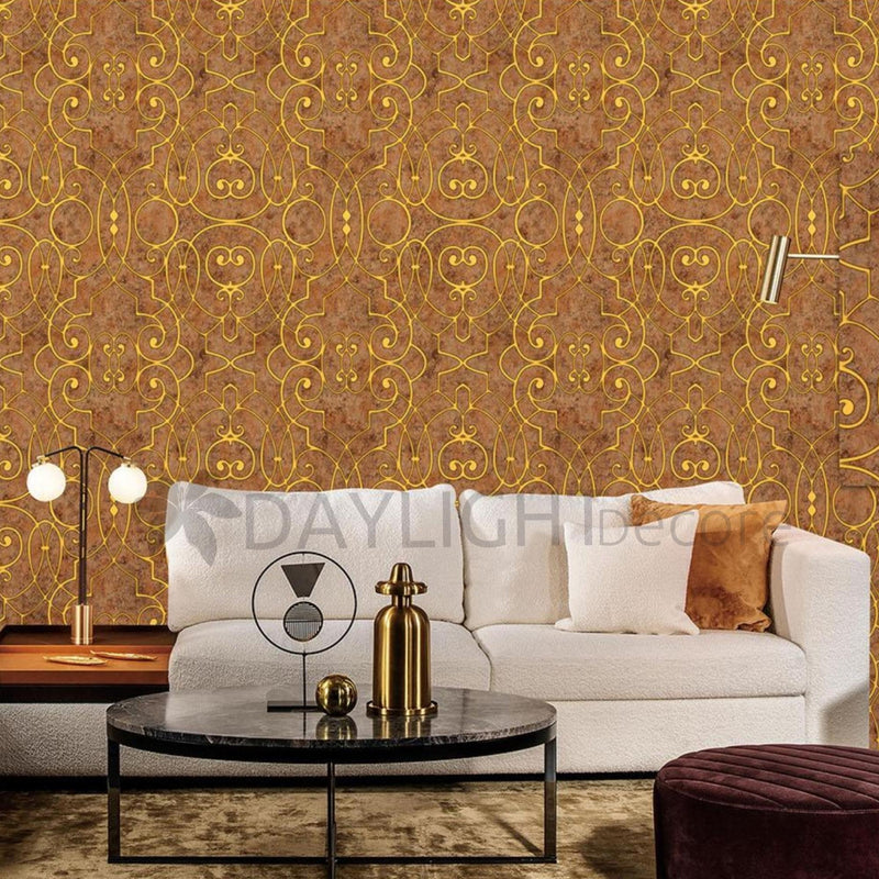 Modern Damask Design Brown Golden Wallpaper Roll for Wall Covering Living Room, Bedroom Wall 55 Sq.ft_Tejas