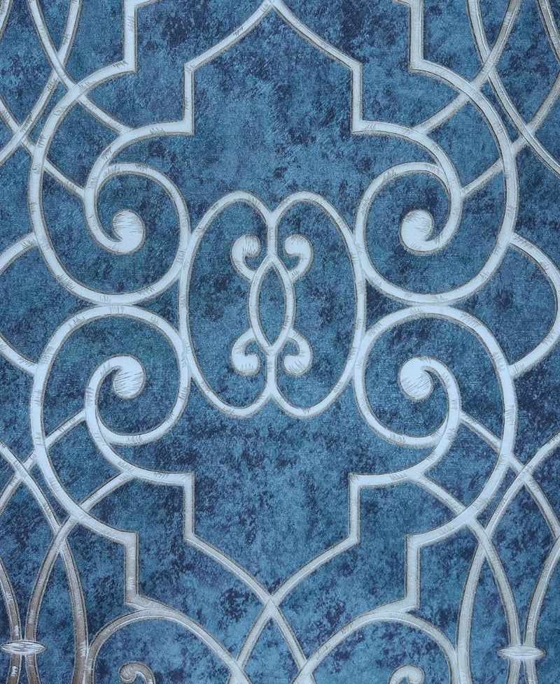 Blue & Golden Damask Design Wallpaper Roll for Wall Covering Living Room, Bedroom Wall Tejas