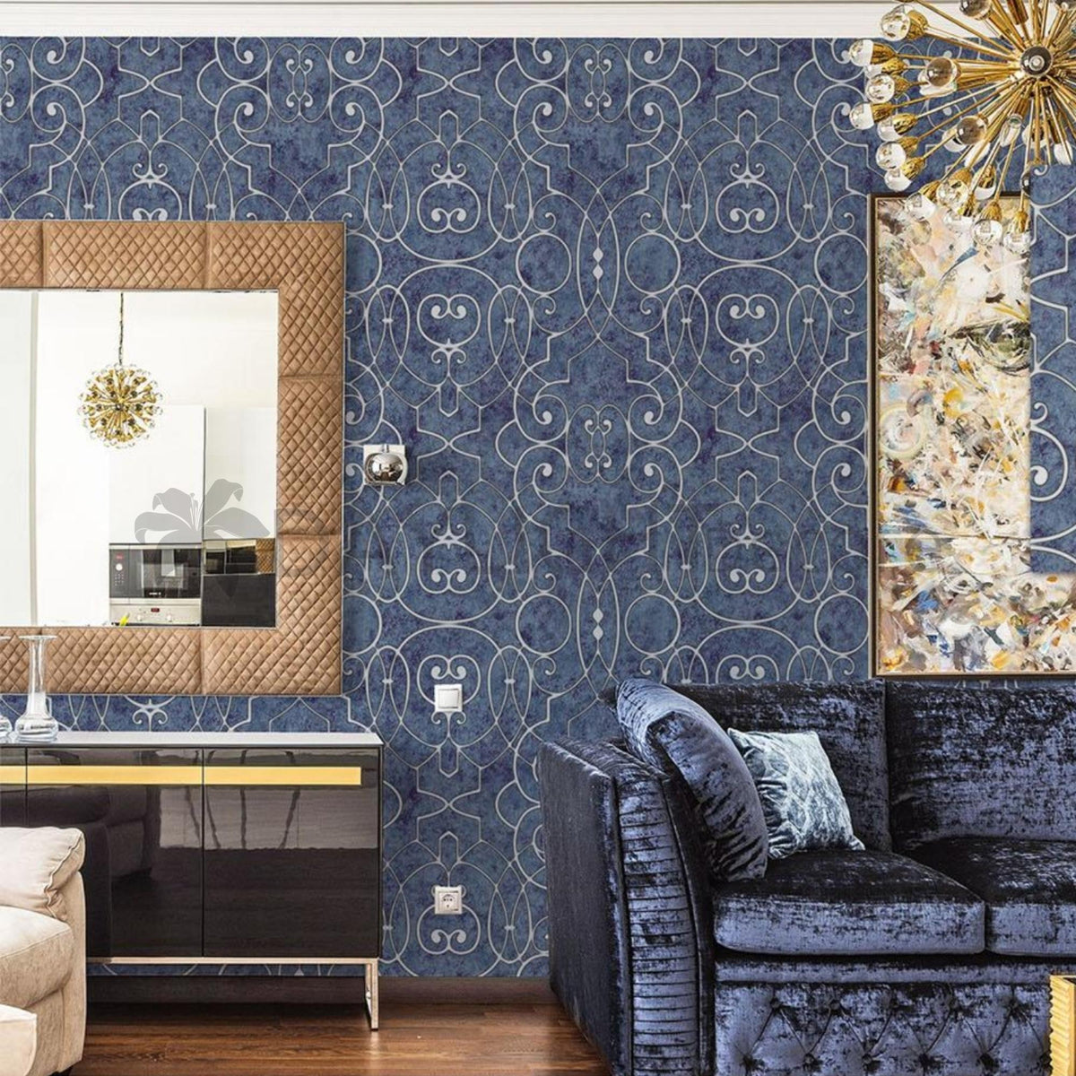 Blue & Golden Damask Design Wallpaper Roll for Wall Covering Living Room, Bedroom Wall Tejas