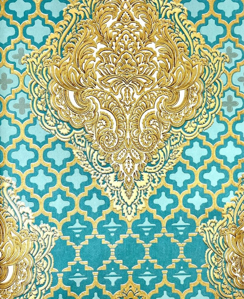 Teal Colour Golden Damask Wallpaper for Walls FE3064