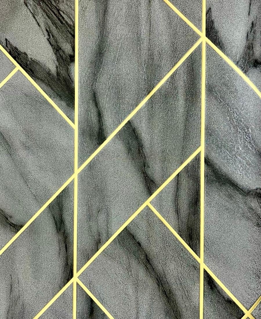Unleash Elegance with our Dark Gray Golden Stripe Geometric Wallpaper FE3011